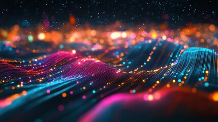 Fototapeta premium Multicolor glowing data over abstract digital landscape. Based on Generative AI