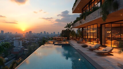 Obraz premium Rooftop infinity pool sunset city view luxury apartment