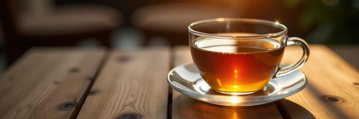 Golden liquid in a clear cup on a wooden table, coffee, brown wood