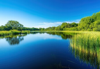 Fototapeta premium Tranquil Waters of a Serene Landscape with Lush Greenery and Clear Blue Skies in a Scenic Nature Setting