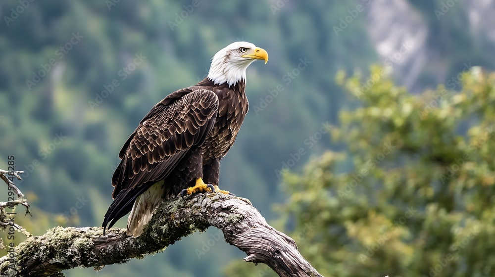 Poster majestic bald eagle perched on a branch overlooking lush green hills in the background : generative 