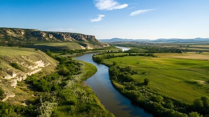 Breathtaking View of Winding River Flowing Through Vibrant Countryside : Generative AI