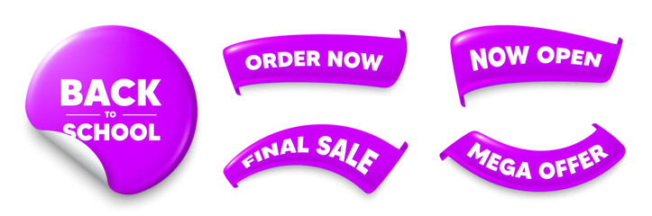 Back to school purple sticker, Sale offer ribbons. Final sale, Order now. Back to school tag. Education offer. End of vacation slogan. Sticker badge. Flag ribbon banners. Vector