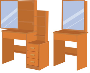 Two wooden desks with a mirror on top. The desks are brown and have a simple design. The mirror is blue and reflects the surrounding area,