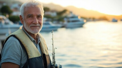 Senior man with fishing gear smiles at sunset by the marina, showcasing a peaceful moment of leisure, connection to nature, and the joy of fishing