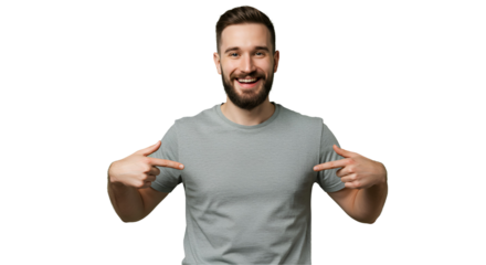 Mockup grey shirt on a transparent PNG. The man is pointing to the middle of the shirt to reinforce the message 