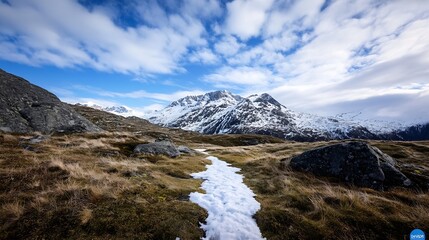 Scenic mountain landscape with snow capped peaks under a blue sky : Generative AI
