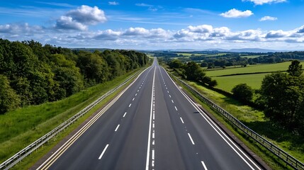 Fototapeta premium Panoramic View of a Scenic Highway Stretching Through Lush Green Fields and Rolling Hills : Generative AI