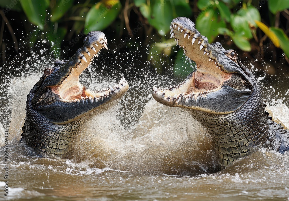 Poster two alligators engaging in fierce display in wetland habitat with splashing water and lush greenery 