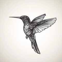 Obraz premium Hummingbird in Flight: A Detailed Black and White Line Drawing of a Bird with Exquisite Wing Detail