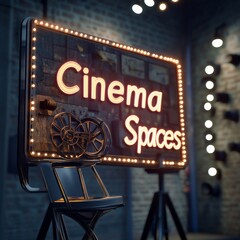 Illuminated "Cinema Spaces" Sign with Film Reel on a Chair, Brick Wall and Spotlights Backdrop