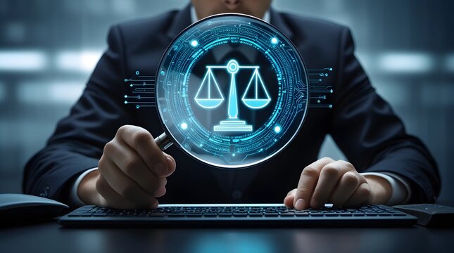  professional individual in dark attire sits at a desk, using a magnifying glass to focus on a glowing digital icon of a balance scale, symbolizing AI ethics and legal compliance