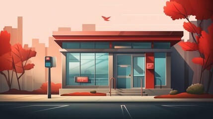 A detailed vector illustration of a modern post office with a red mailbox and glass entrance.