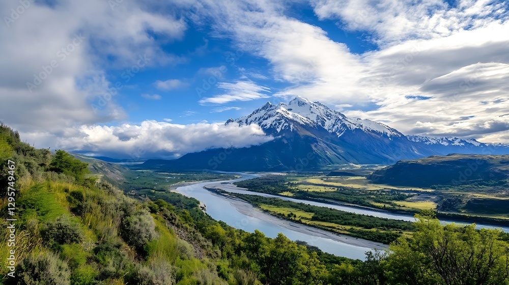 Poster breathtaking mountain range with lush valleys and scenic river flow : generative ai