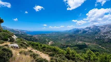 Obraz premium Scenic Coastal View Overlooking Lush Green Mountains and Azure Sea Under Bright Blue Sky : Generative AI