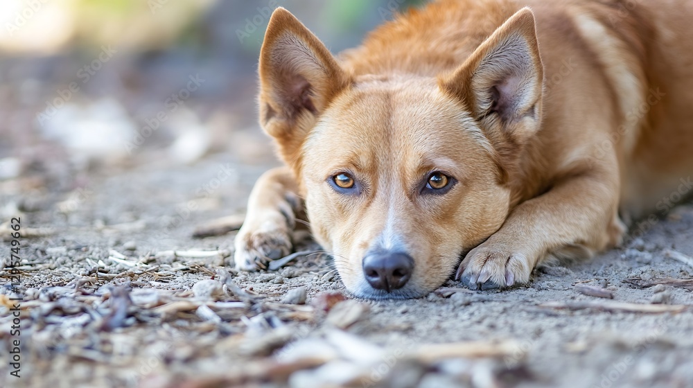 Poster Loyal Ginger Dog Relaxing on a Sunlit Ground with Trees in the Background : Generative AI
