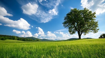 Obraz premium Vibrant Green Landscape with Tree Under Blue Sky and Fluffy Clouds : Generative AI