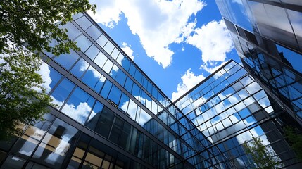 Obraz premium Reflective Glass Facade of Modern Buildings Under Blue Sky with Fluffy Clouds : Generative AI