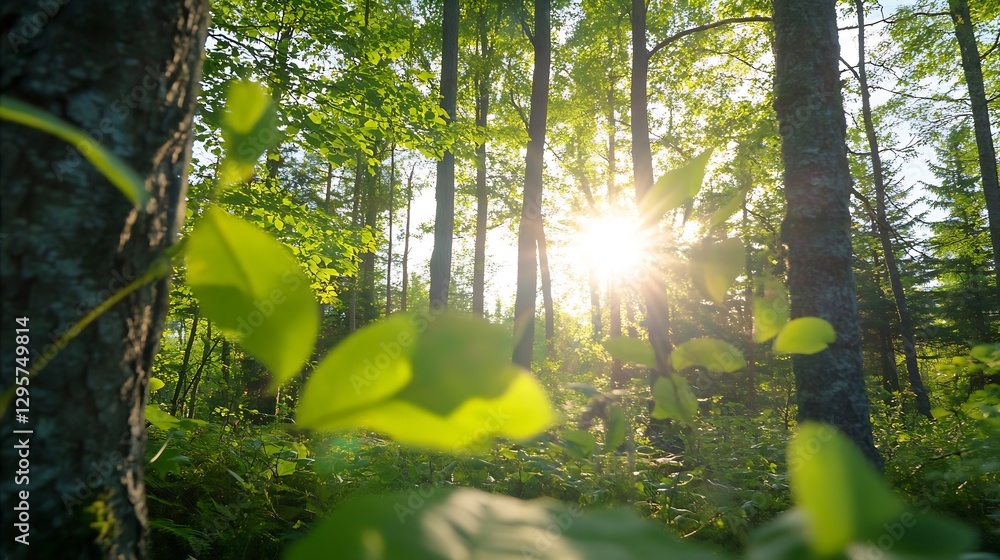 Aufkleber sunlight piercing through lush trees in a serene green forest landscape : generative ai