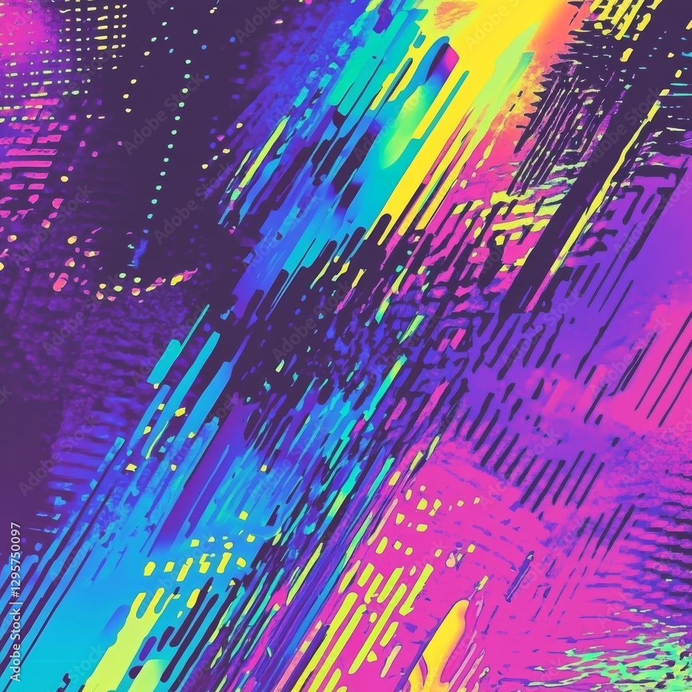 Poster vibrant abstract: a dynamic composition of diagonal lines and playful dots in neon hues, a modern ar