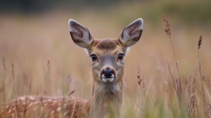 Adorable young deer standing amidst tall grass in a serene natural setting : Generative AI