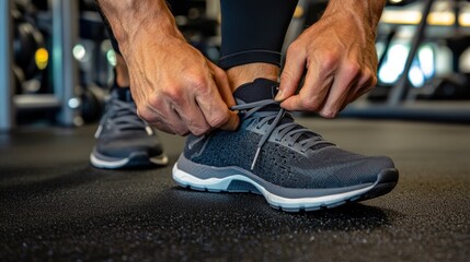 A man is getting ready for exercise. He's putting on his running shoes and tying the laces. He's preparing for cardio, fitness, or a workout in the gym.