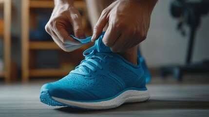 A man is getting ready for exercise. He's putting on his running shoes and tying the laces. He's preparing for cardio, fitness, or a workout in the gym.