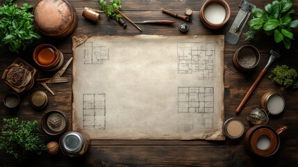 Architectural Blueprint on Rustic Wooden Desk