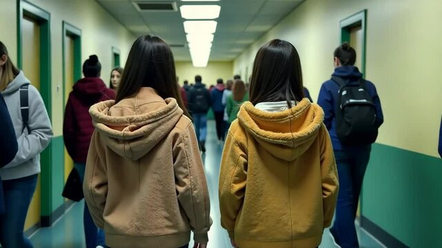Intimidating. Two girls are walking down the school corridor, dressed in identical hoodies, and students are walking around them. Rear view, bullying. Generative 4k video.