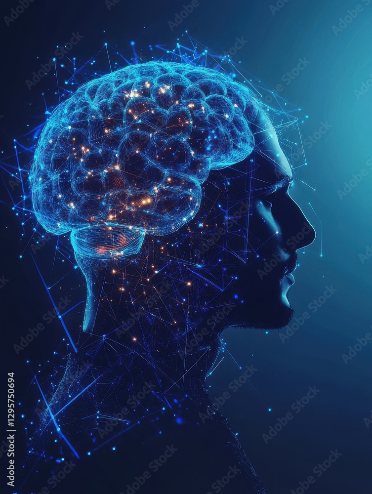 Poster man profile silhouette with abstract polygonal brain on blue background. artificial intelligence and