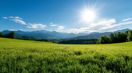 Obraz premium Scenic landscape of sunlit mountains and lush green fields with dramatic sky : Generative AI