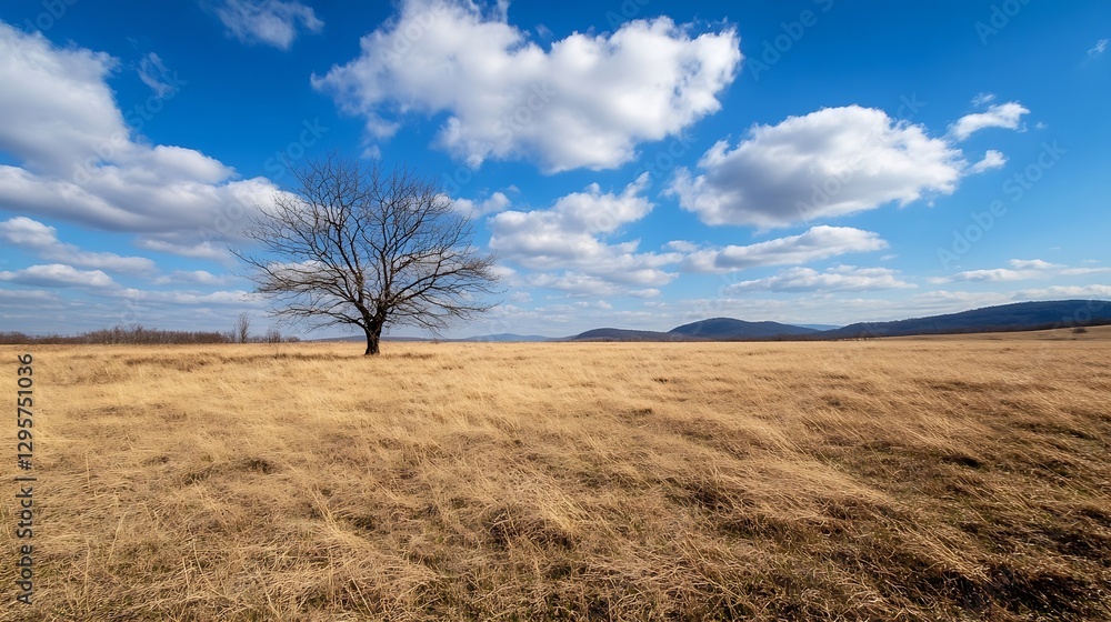 Poster Lonely Bare Tree in Open Field Under Blue Sky with Fluffy White Clouds : Generative AI
