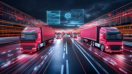 Futuristic highway scene featuring red trucks in motion with digital data overlays at night