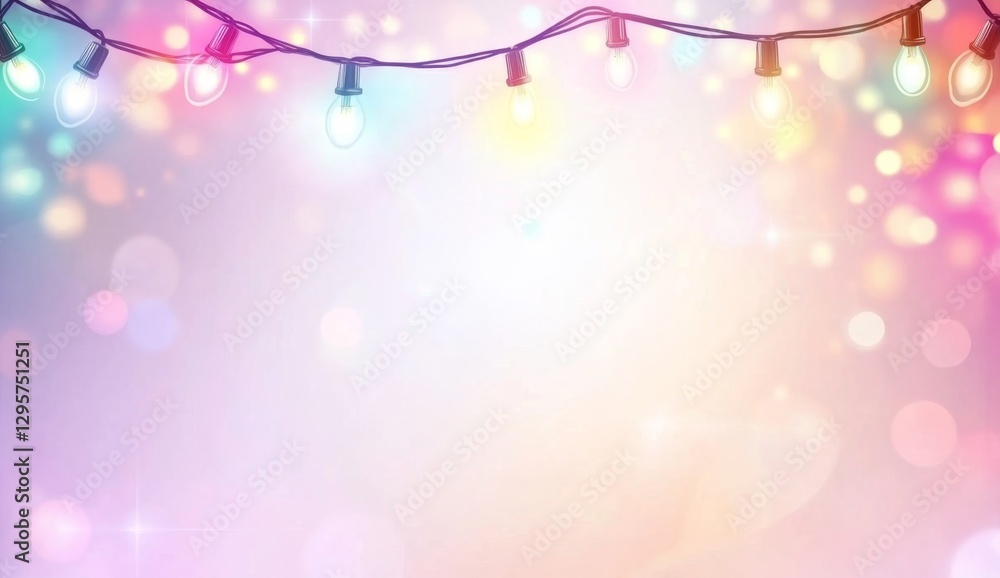 Poster festive string lights on pastel background with bokeh