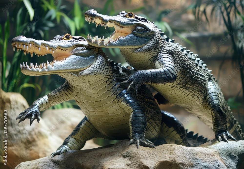 Poster two realistic crocodile figures positioned closely on a rock in a naturalistic setting surrounded by