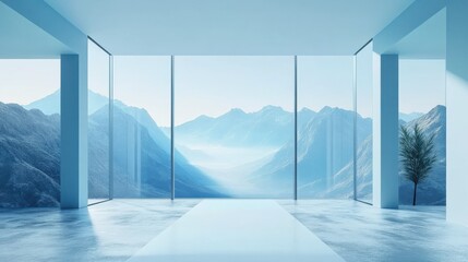 Generative AI illustration of futuristic interior of modern minimalistic apartment with landscape glass windows looking at mountain
