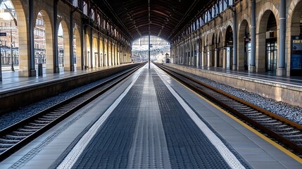 Fototapeta premium Train Station Platform with Arched Architecture and Rails : Generative AI
