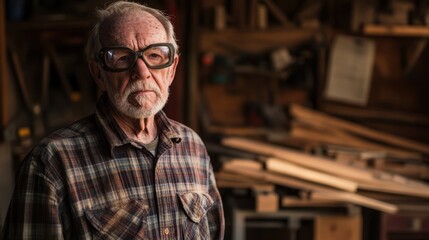 Fototapeta premium Elderly man in workshop wearing glasses, standing confidently among woodworking tools and materials, showcasing the art of craftsmanship and dedication to trade
