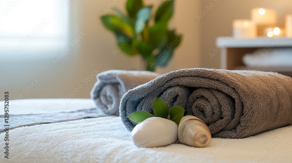 Poster Luxurious Spa Towel Setup with Smooth Stones and Greenery for Relaxation and Pampering : Generative AI