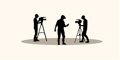Graphic set silhouette of cameraman concept. 2D icon of crew media on black shadow. Vector illustration.