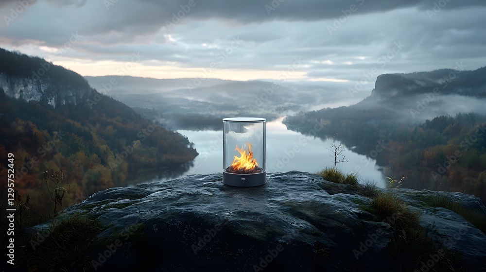 Aufkleber a captivating and cinematic view of a campfire trapped inside a glass container set against the back