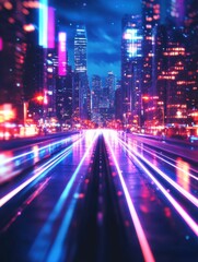 Fototapeta premium Neon light bars headed up with a night city in the background, improvement and financial success concept, double exposure