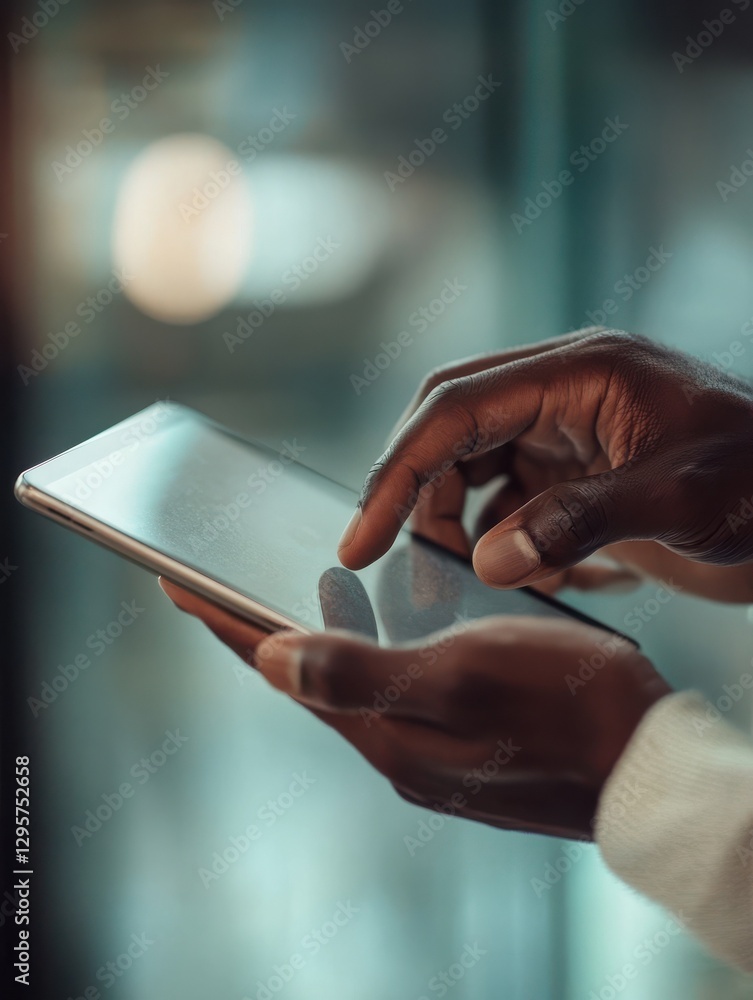 Poster selective focus. close up of black man's hands holding digital tablet with reflective touchscreen su