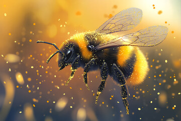 Naklejka premium A detailed close-up of a bumblebee covered in golden pollen, hovering in a glowing, dreamy atmosphere.