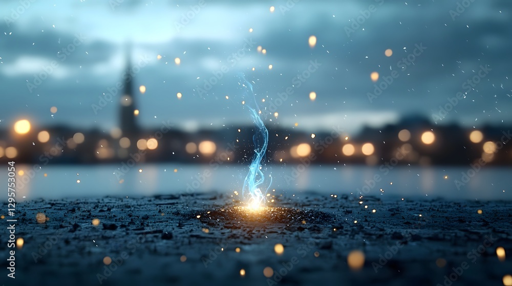 Poster A captivating fantasy inspired scene featuring mesmerizing blue flames flickering and dancing over an enchanted charcoal backdrop creating a moody atmospheric and mystical ambiance