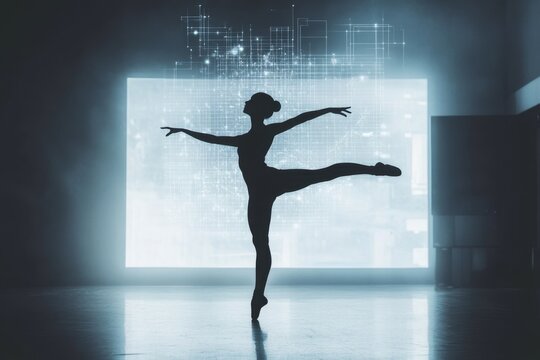 Ballet dancer silhouette in futuristic digital background