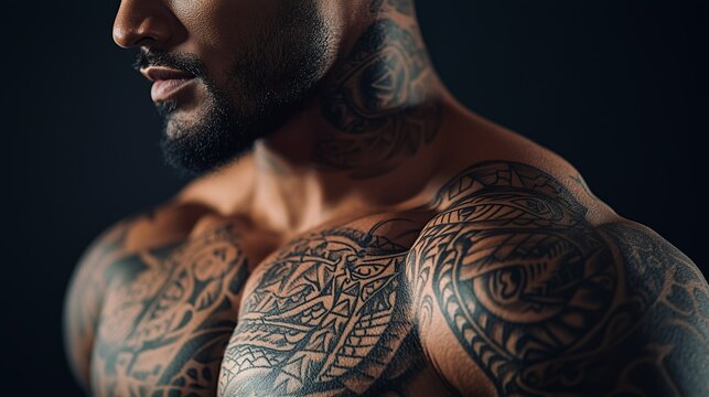A muscular man with intricate tattoos on his chest and shoulders, showcasing strength and gym aesthetics. Perfect for fitness, tattoo, and bodybuilding themes.







