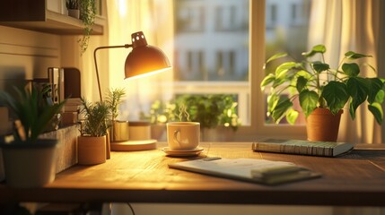 Cozy wooden desk with a glowing lamp, green plants, and a cup of coffee in a warm home setting.