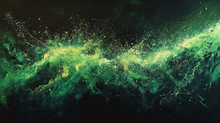 Vibrant green light beams explode against a dark backdrop.