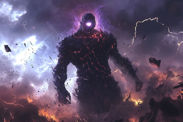 A towering, menacing titan made of molten rock and shadows emerges amidst a stormy, apocalyptic sky.